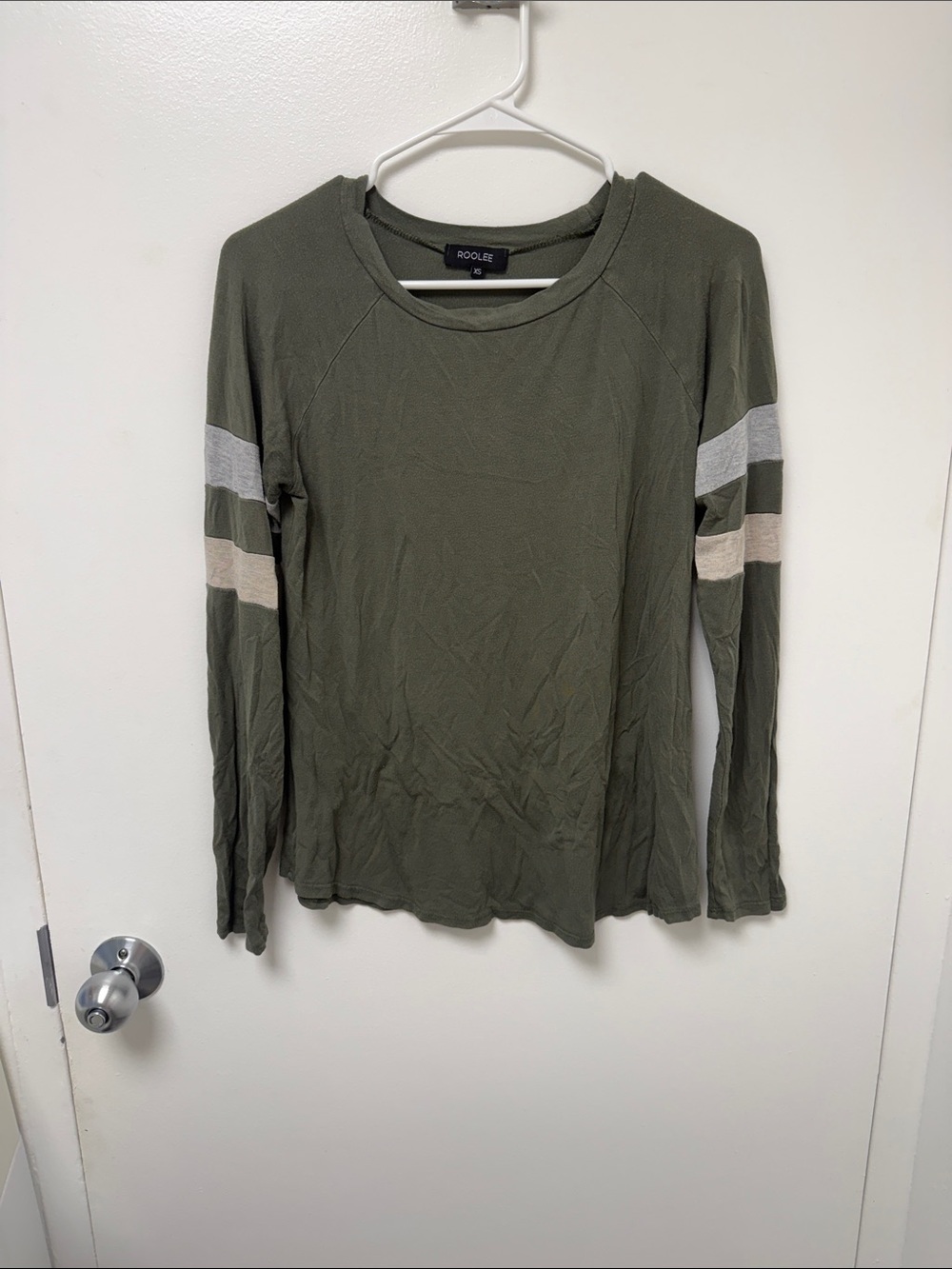 Roolee Olive Green Long-Sleeve Tee with Contrasting Sleeve Stripes
